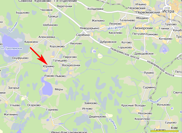 от Москвы с Рижского вокзала до ст. Новоиерусалимская (62 км), далее автобусом №34 на Раково до ост. Юркино (22 км)